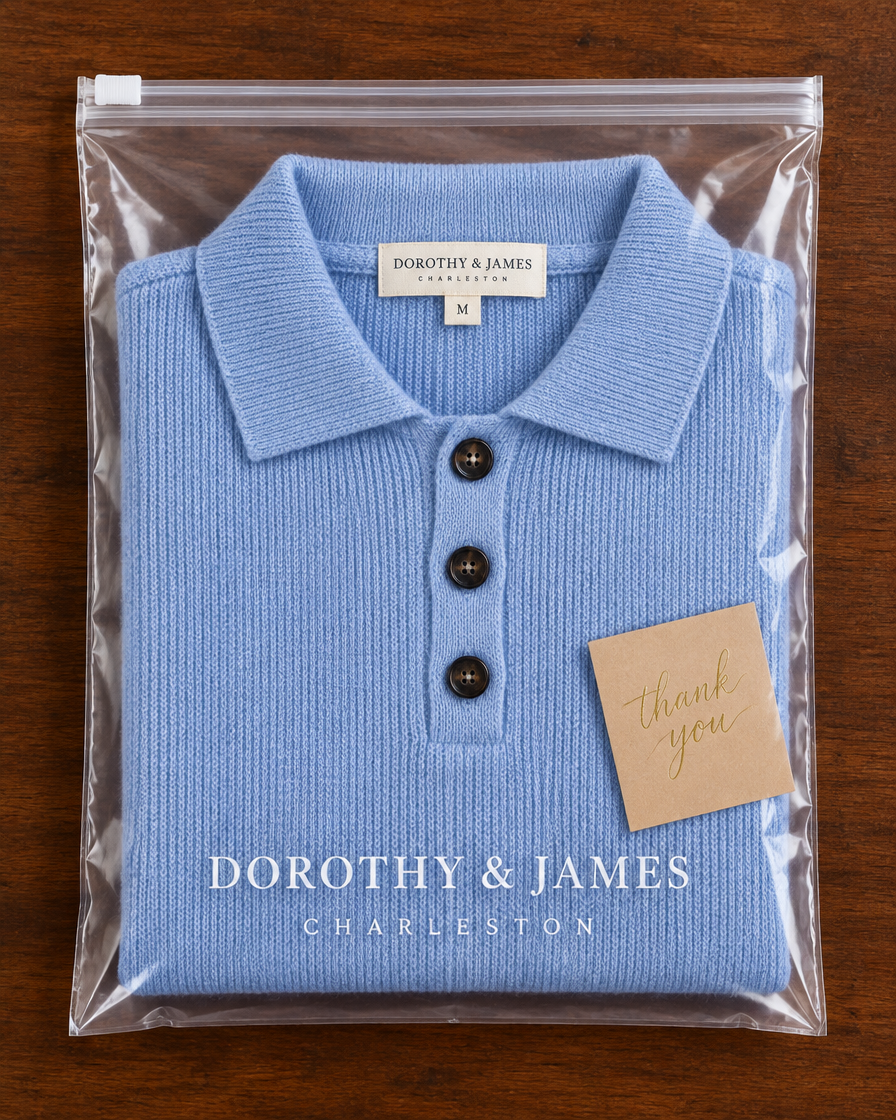 Florence polo sweater folded in Dorothy & James Charleston packaging