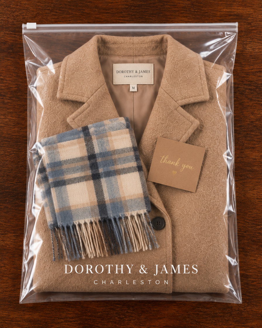 Aurora tailored coat and scarf folded in Dorothy & James Charleston packaging