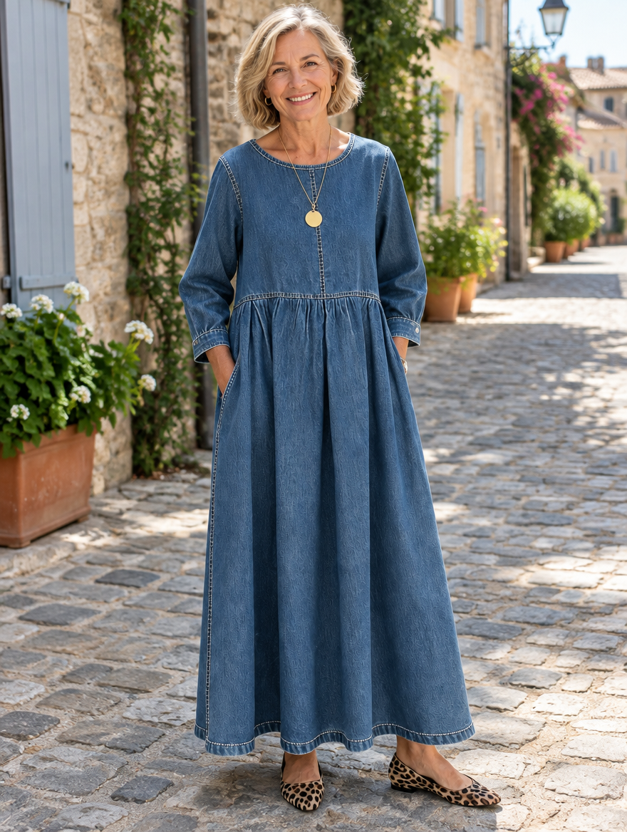 Woman wearing the Anna vintage denim maxi dress on a cobblestone lane