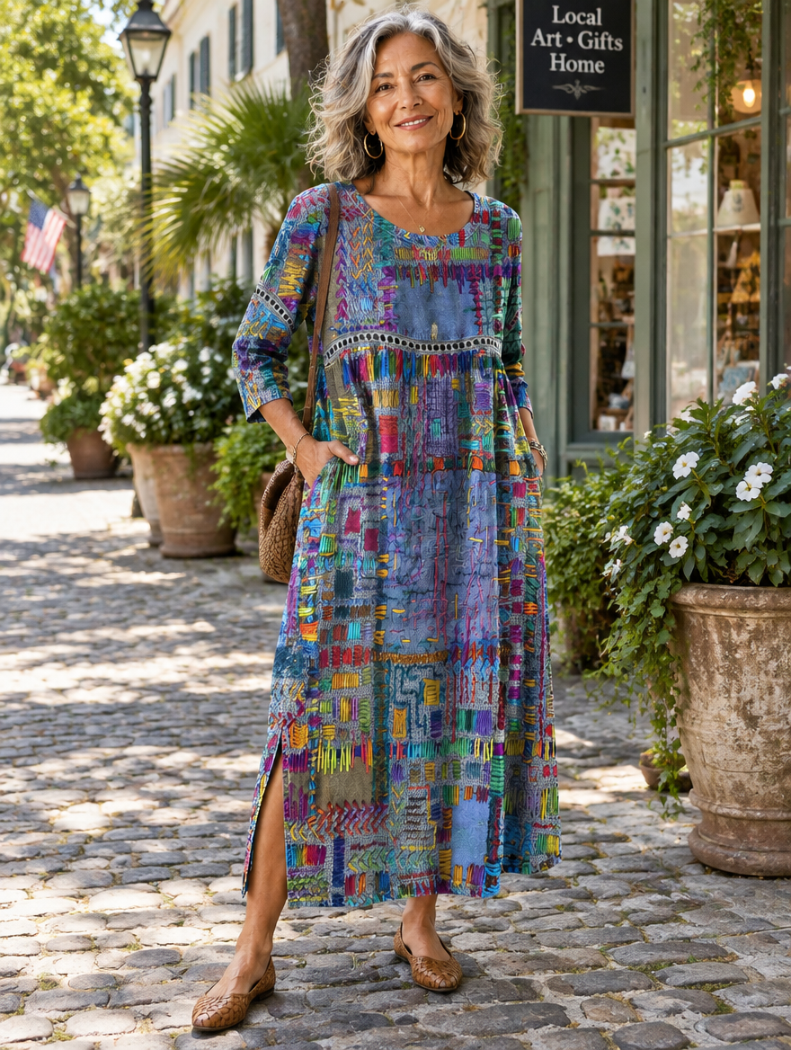 Woman wearing the Manuela patchwork maxi dress with three-quarter sleeves on a sunny street