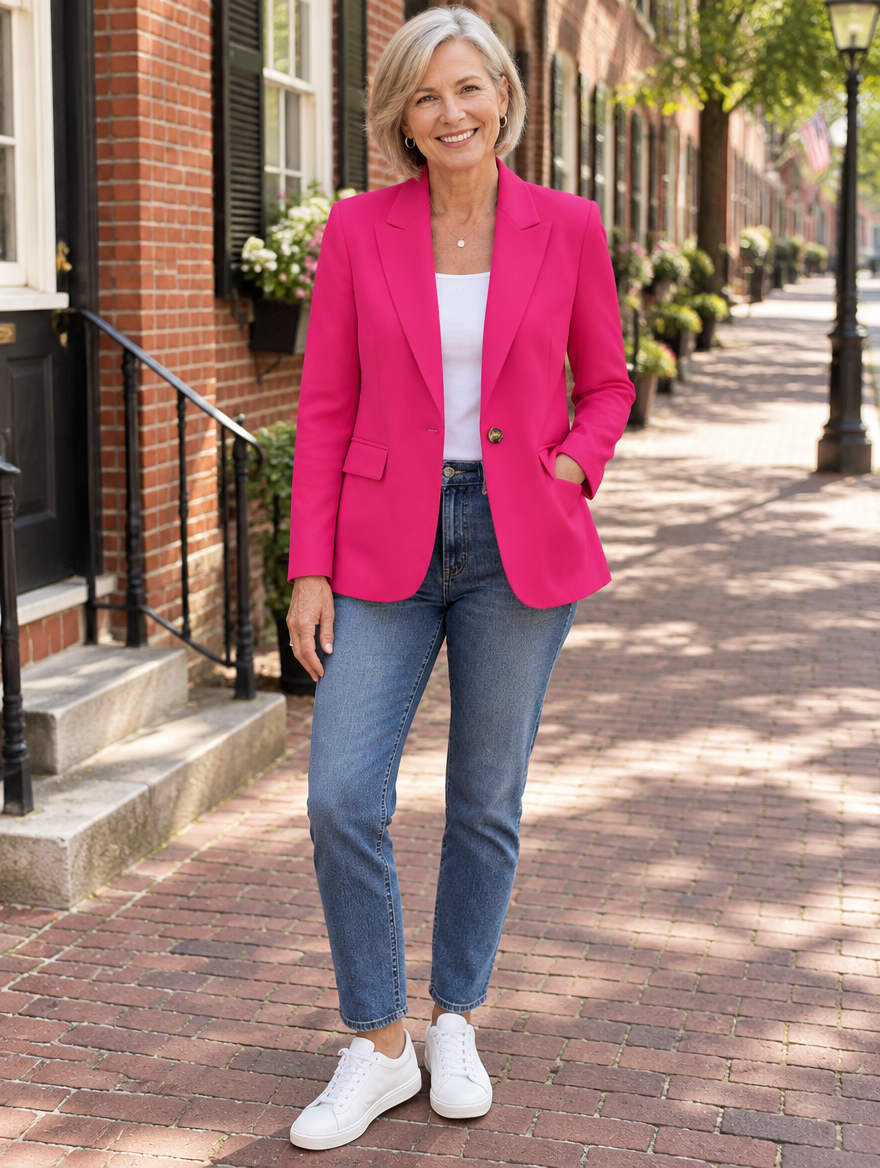 Woman wearing the Linda pink one-button blazer with jeans on a historic street