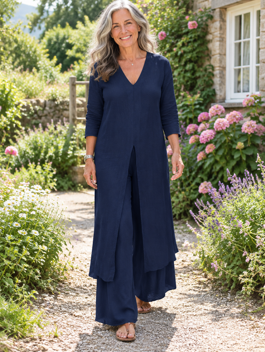 Woman wearing the Carmella navy two-piece tunic and wide-leg pants set in a garden