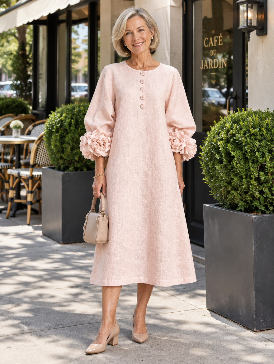 Woman wearing the Ivy blush pink midi dress with rose-cuff sleeves outside a cafe