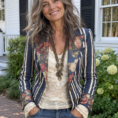 Woman wearing the Boheme floral striped cotton-linen blazer with jeans