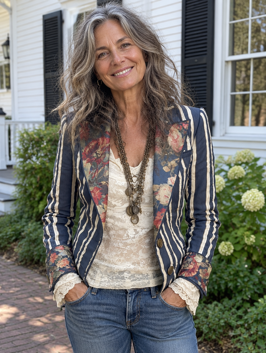 Woman wearing the Boheme floral striped cotton-linen blazer with jeans
