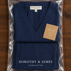 Carmella two-piece set folded in Dorothy & James Charleston packaging with thank you card