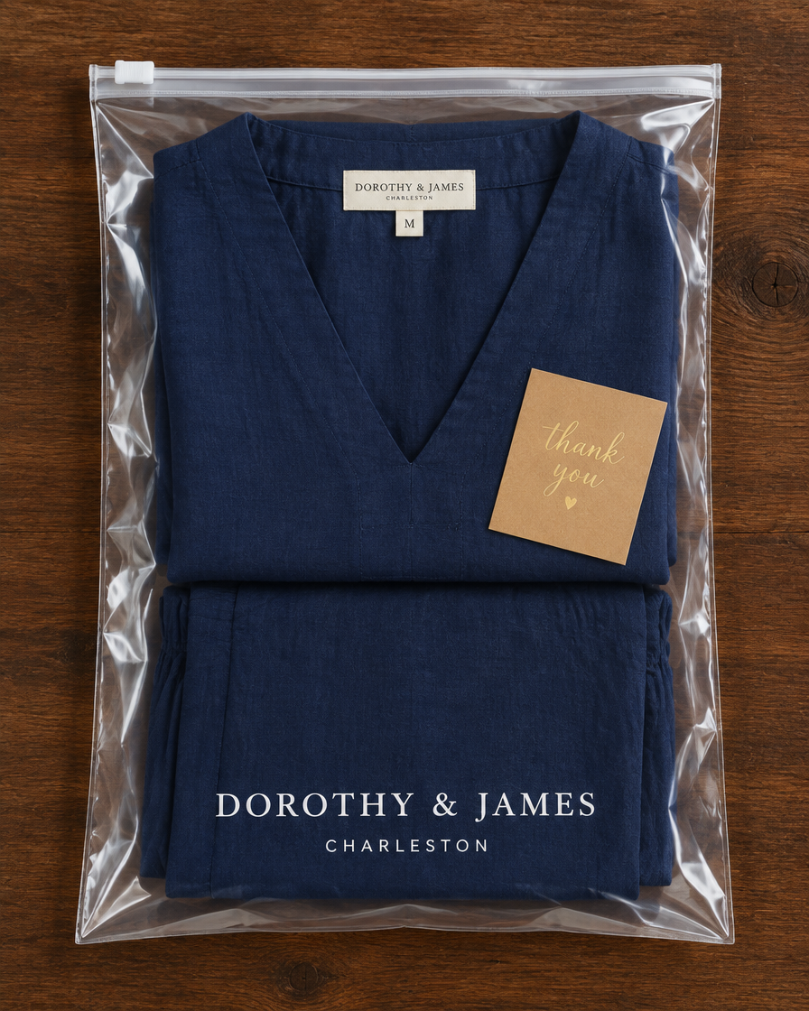Carmella two-piece set folded in Dorothy & James Charleston packaging with thank you card