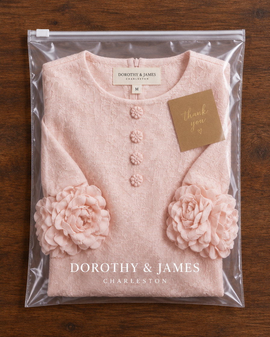 Ivy midi dress folded in Dorothy & James Charleston packaging with thank you card