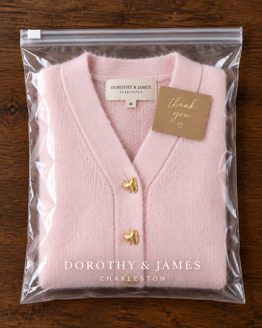 Hazel cardigan folded in Dorothy & James Charleston packaging with thank you card