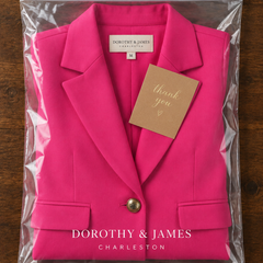 Linda blazer folded in Dorothy & James Charleston packaging with thank you card
