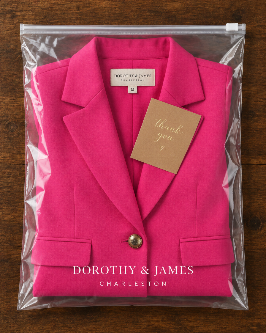Linda blazer folded in Dorothy & James Charleston packaging with thank you card