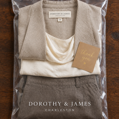 Simone three-piece set folded in Dorothy & James Charleston packaging with thank you card