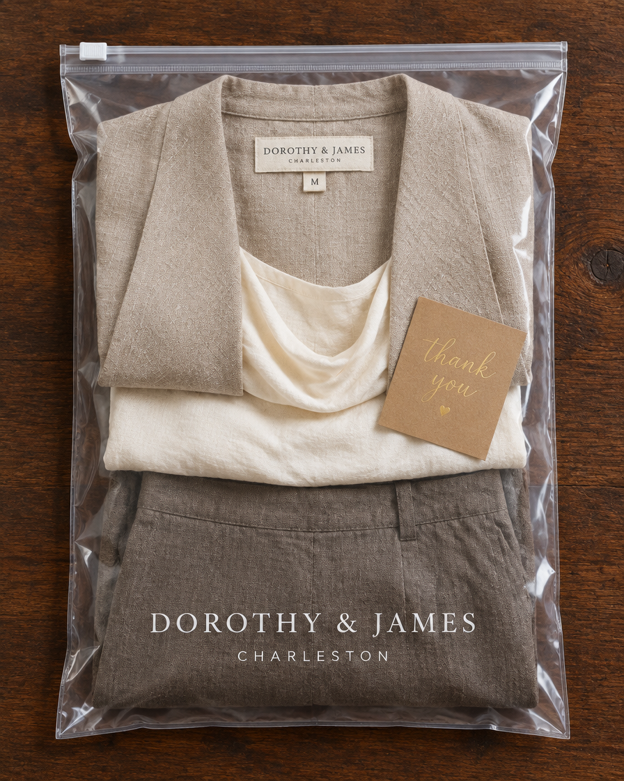 Simone three-piece set folded in Dorothy & James Charleston packaging with thank you card