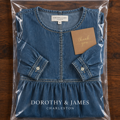 Anna denim maxi dress folded in Dorothy & James Charleston packaging with thank you card
