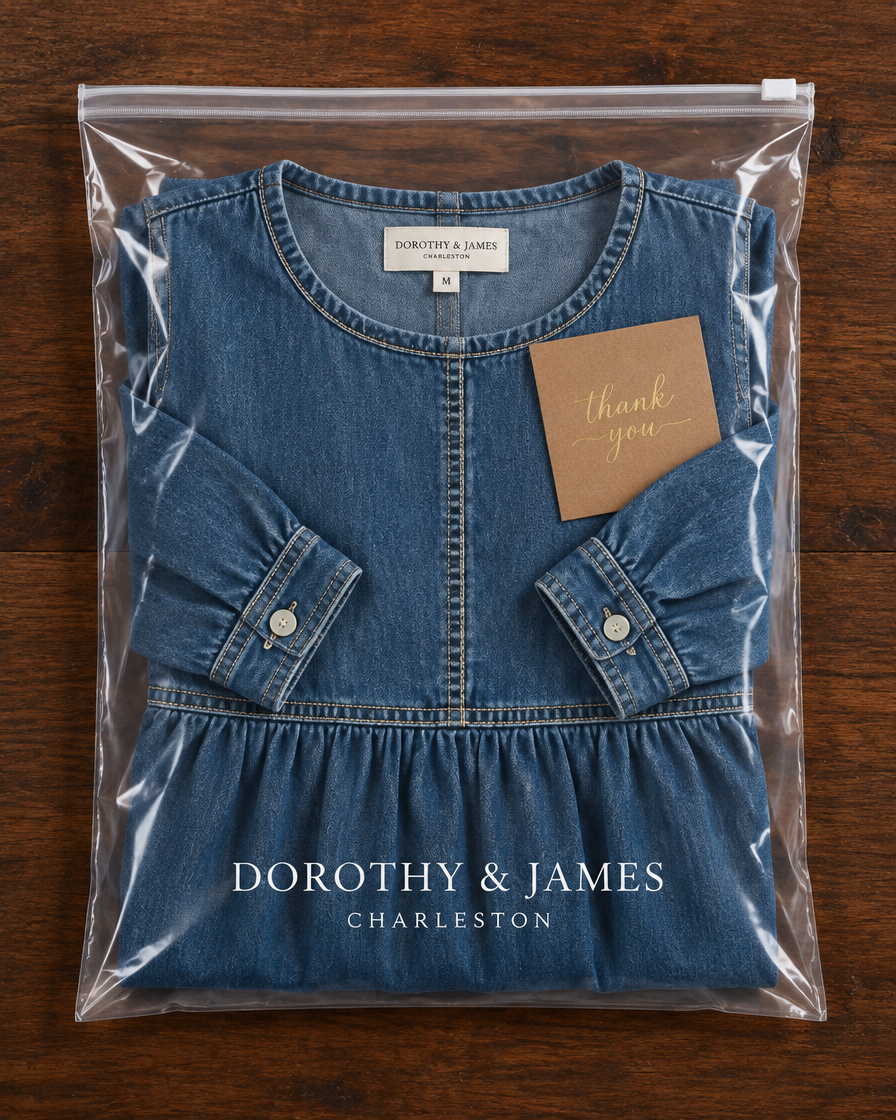 Anna denim maxi dress folded in Dorothy & James Charleston packaging with thank you card