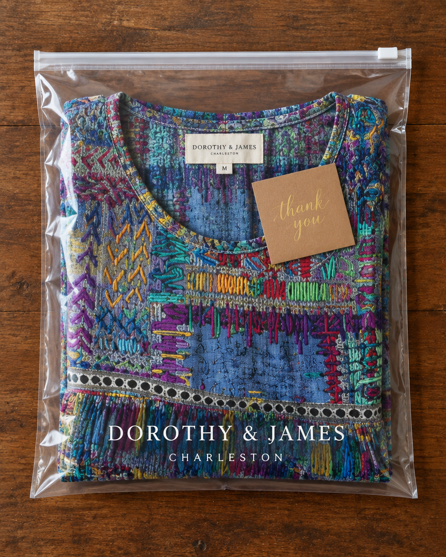 Manuela patchwork dress folded in Dorothy & James Charleston packaging with thank you card