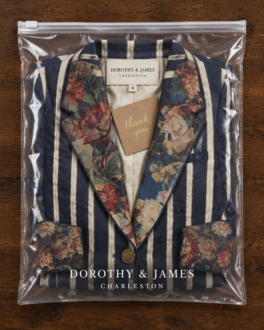 Boheme striped blazer folded in Dorothy & James Charleston packaging with thank you card