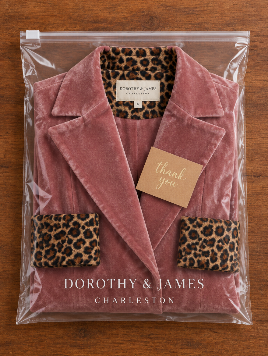 Madison velvet coat folded in Dorothy & James Charleston packaging with thank-you card
