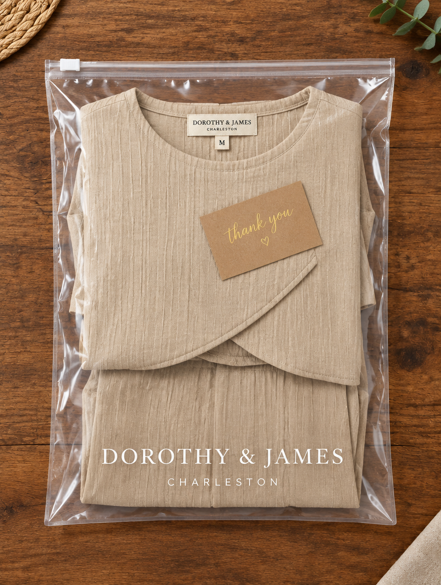 Patricia two-piece set folded in Dorothy & James Charleston packaging with thank-you card