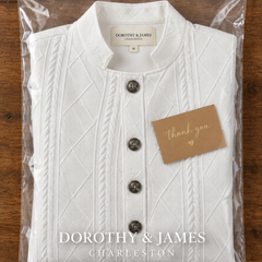 Joelle blazer folded in Dorothy & James Charleston packaging with thank-you card
