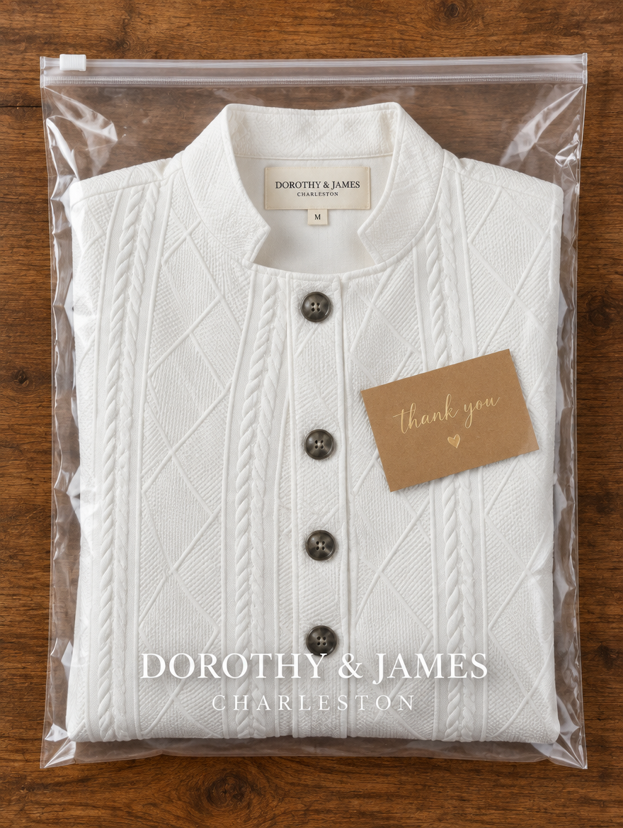 Joelle blazer folded in Dorothy & James Charleston packaging with thank-you card