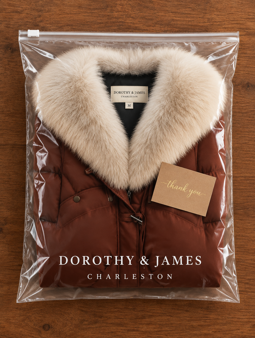 Elsie coat folded in Dorothy & James Charleston packaging with thank-you card
