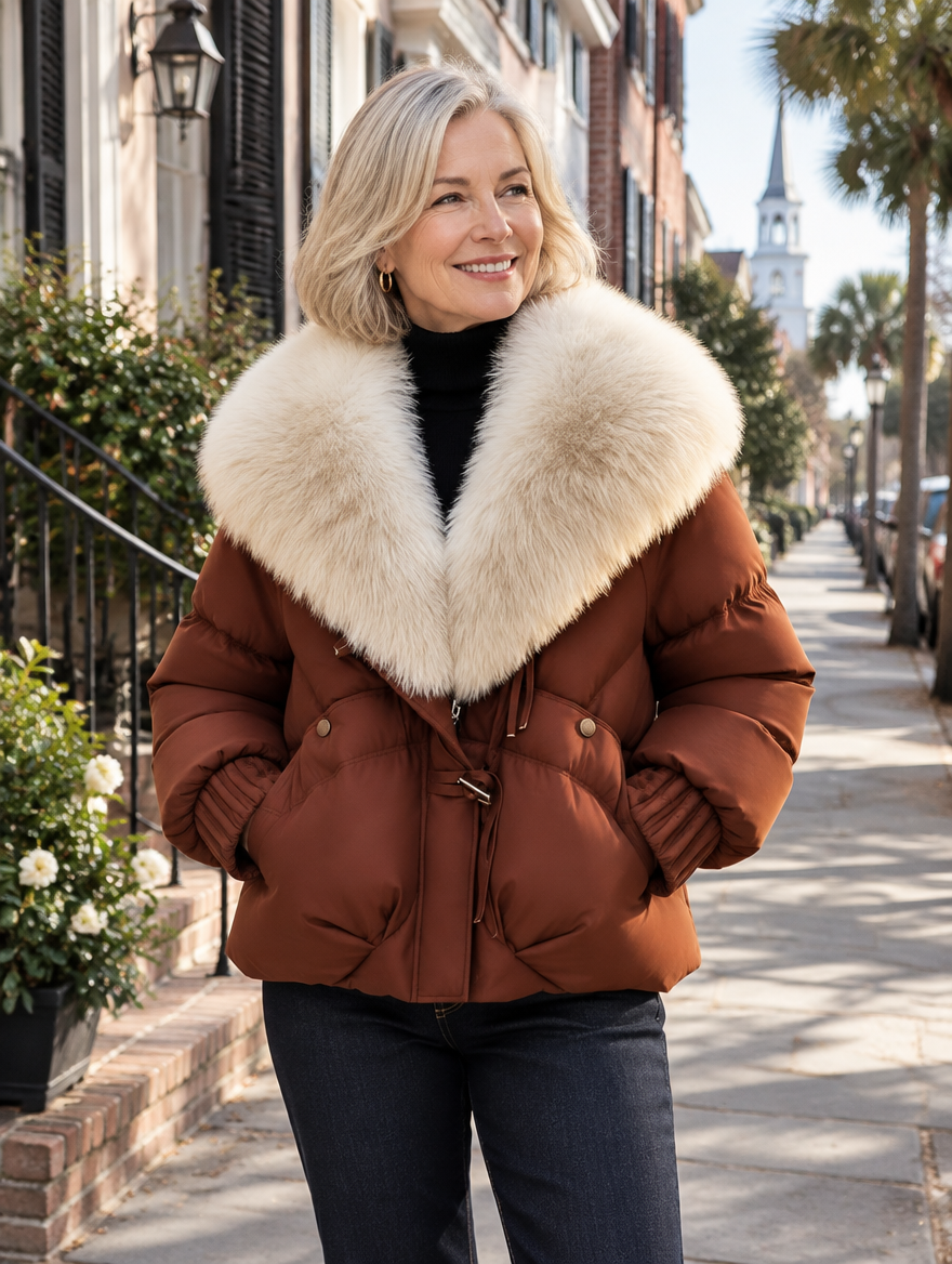 Woman wearing a rust-brown puffer coat with a cream faux-fur collar