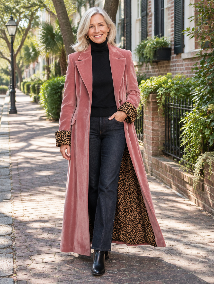 Woman in a floor-length dusty rose velvet tailored coat with leopard-print cuffs and lining