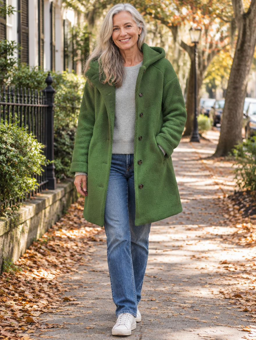 Woman in her 60s wearing the Camille green fleece hooded button-front coat on an autumn Charleston street