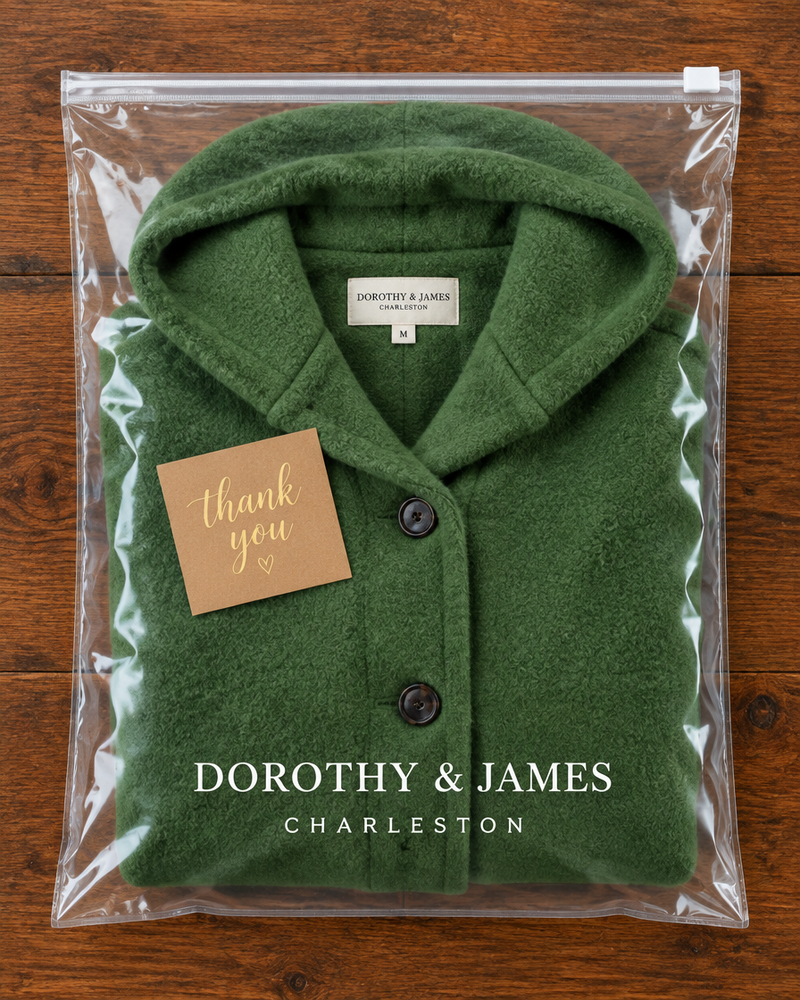 Camille green hooded coat folded in a Dorothy & James Charleston resealable shipping bag with thank-you card