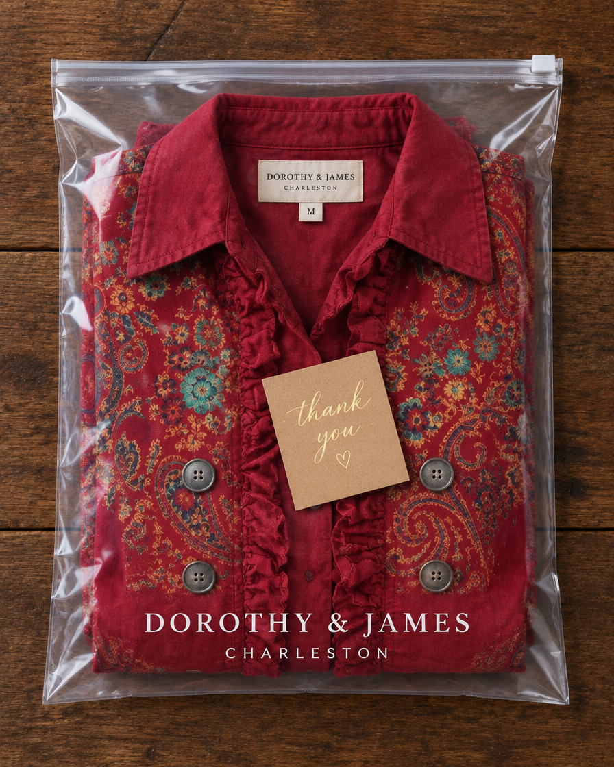 Fayrene Bohemian Paisley Ruffle Jacket folded in Dorothy & James Charleston packaging with thank you card