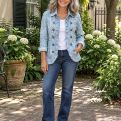 Woman wearing the Estrella sky blue paisley ruffled jacket over a white tee and jeans
