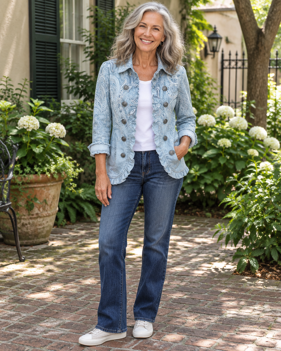 Woman wearing the Estrella sky blue paisley ruffled jacket over a white tee and jeans