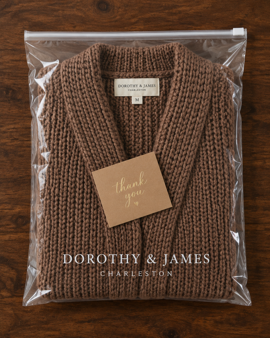 Alice Cozy Confidence Longline Cardigan folded in Dorothy & James Charleston packaging with thank you card