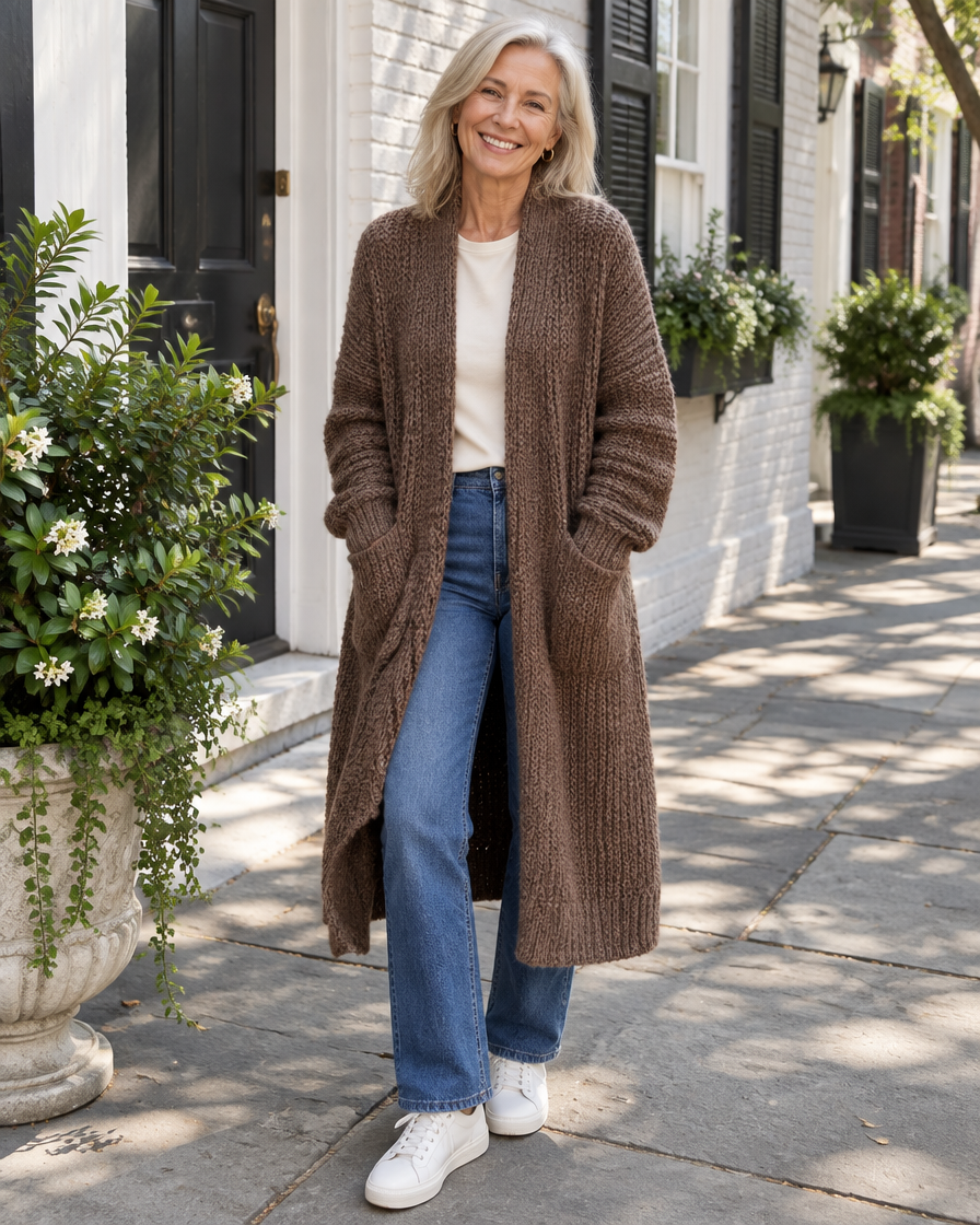 Woman wearing the Alice brown longline chunky knit cardigan with jeans on a Charleston sidewalk