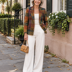 Woman wearing the Ornella autumn plaid blazer with cream wide-leg trousers