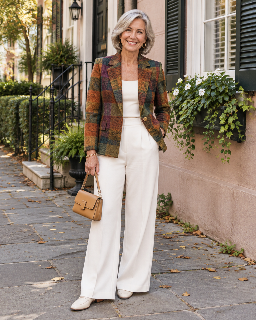 Woman wearing the Ornella autumn plaid blazer with cream wide-leg trousers