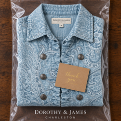 Estrella Vintage Paisley Print Ruffled Jacket folded in Dorothy & James Charleston packaging with thank you card