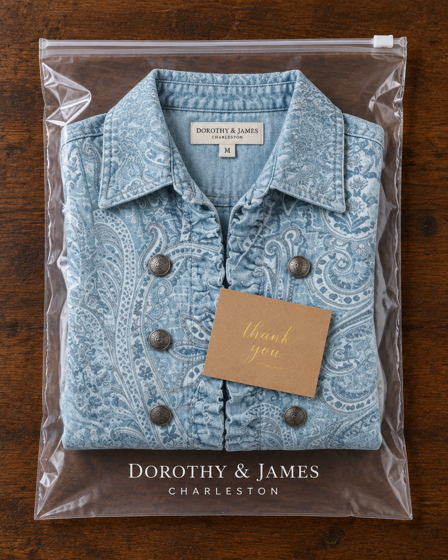 Estrella Vintage Paisley Print Ruffled Jacket folded in Dorothy & James Charleston packaging with thank you card