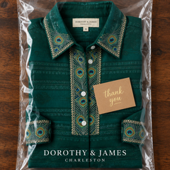 Sofia Peacock Feather Print Button-Front Blouse folded in Dorothy & James Charleston packaging with thank you card
