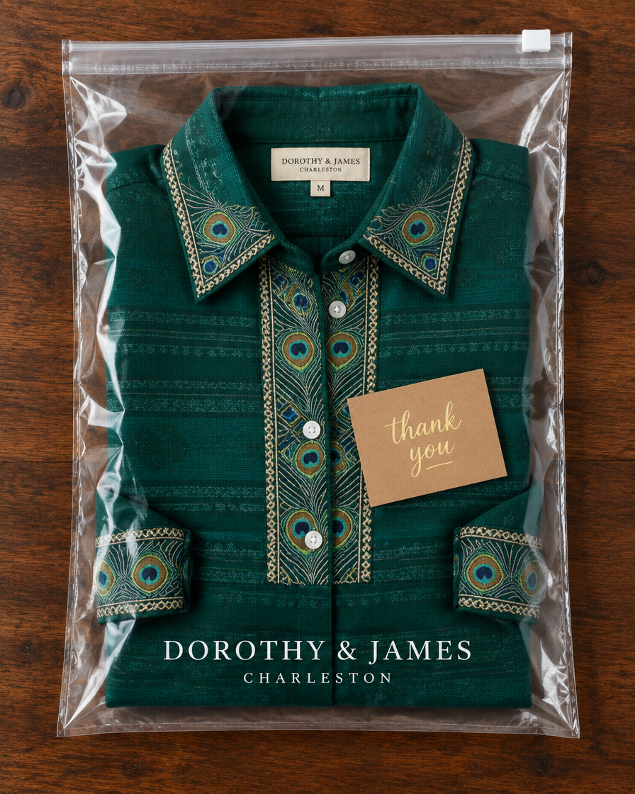 Sofia Peacock Feather Print Button-Front Blouse folded in Dorothy & James Charleston packaging with thank you card