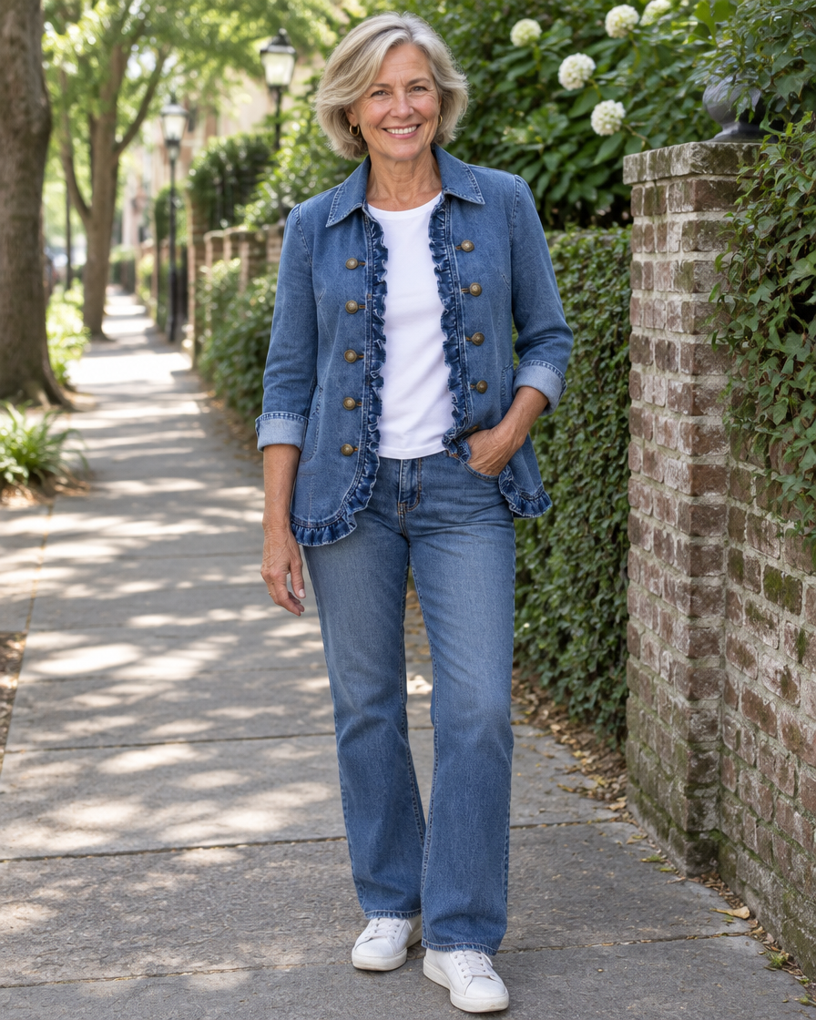 Woman wearing the Ruffelle blue denim ruffled jacket over a white tee and jeans