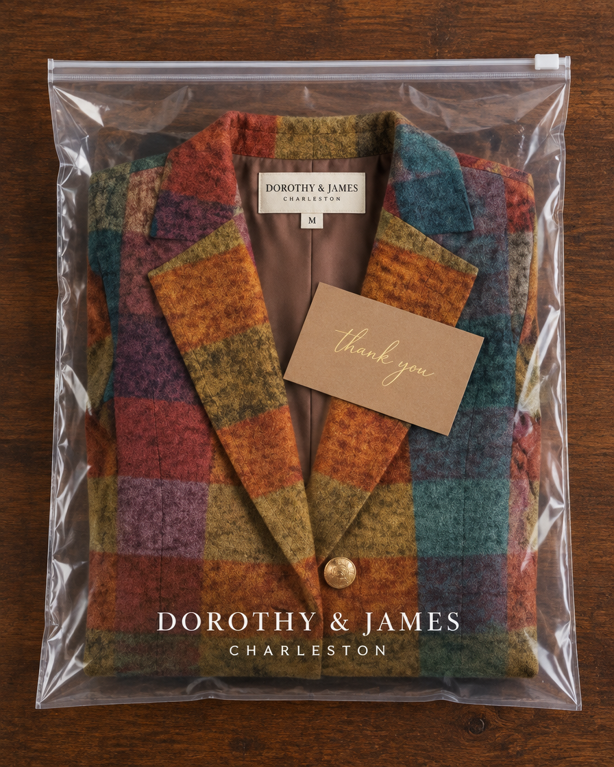 The Ornella Plaid Blazer folded in Dorothy & James Charleston packaging with thank you card