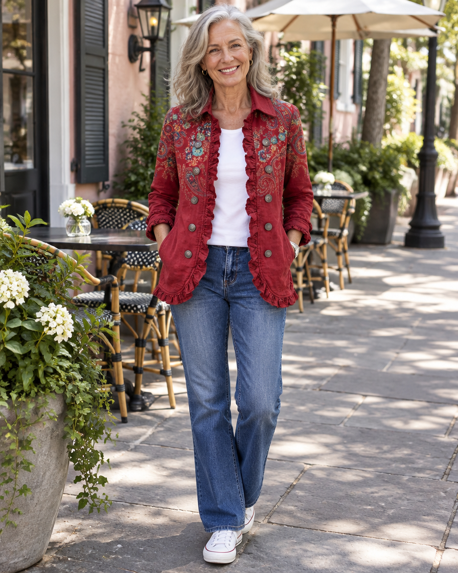 Woman wearing the Fayrene red paisley ruffle jacket over a white tee and jeans