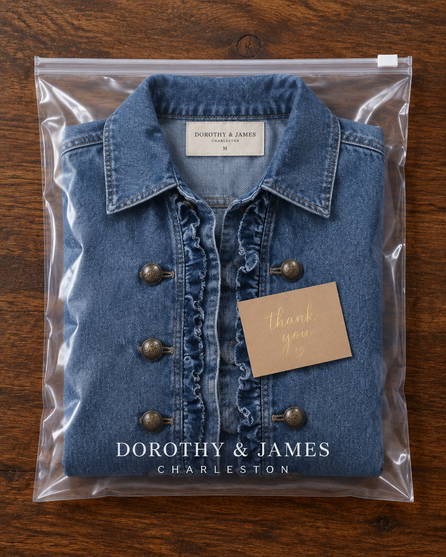 Ruffelle Ruffled Jacket folded in Dorothy & James Charleston packaging with thank you card