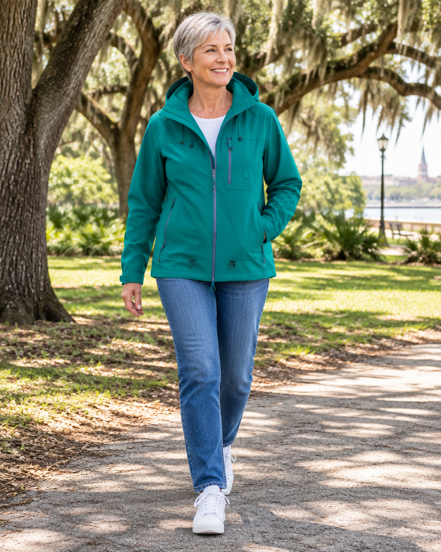 Woman wearing the teal green hooded utility jacket on a park path