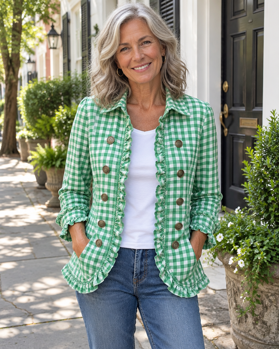 Woman wearing the green gingham ruffled button-down jacket with jeans