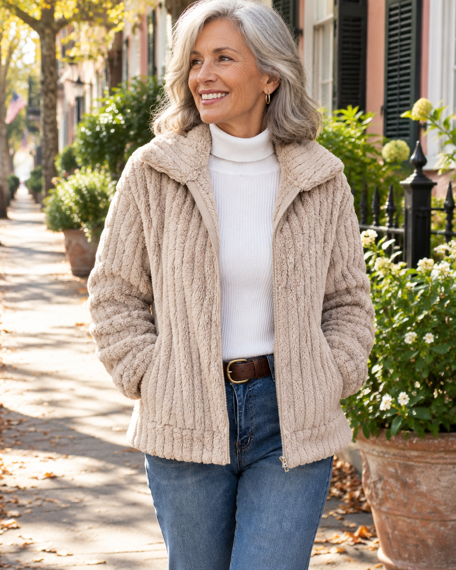 Woman wearing the cozy plush zip-up jacket over a white turtleneck