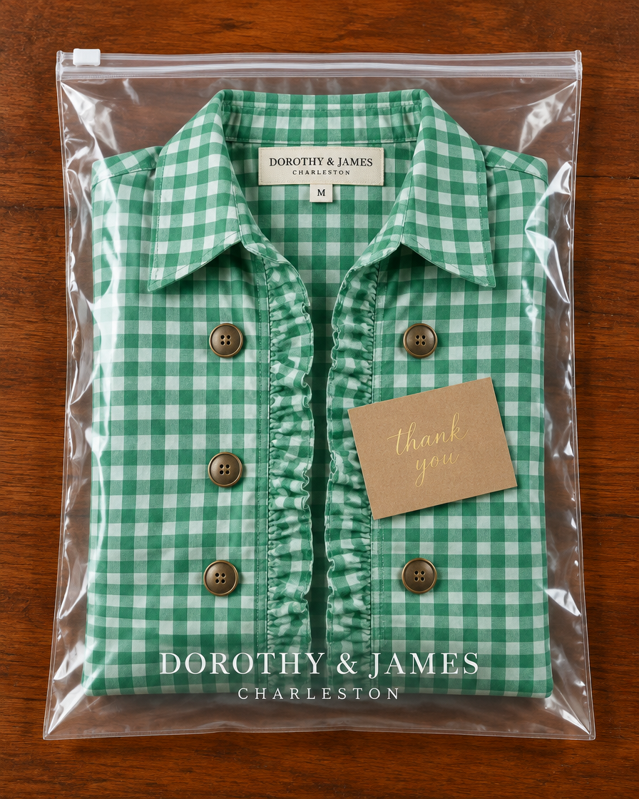 Gingham ruffled jacket folded in Dorothy & James Charleston packaging with thank you card