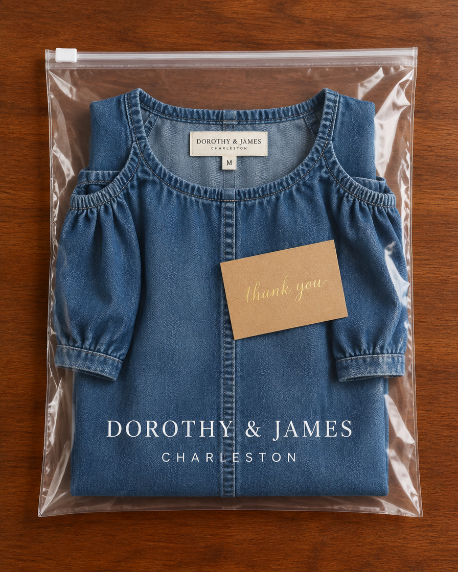 Denim maxi dress folded in Dorothy & James Charleston packaging with thank you card